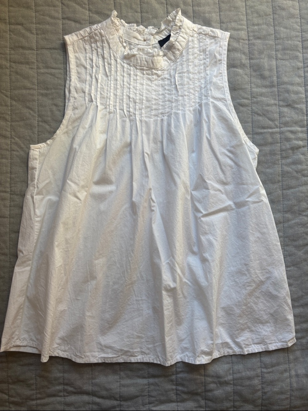 J. Crew White Pintuck Ruffle Neck Sleeveless Top